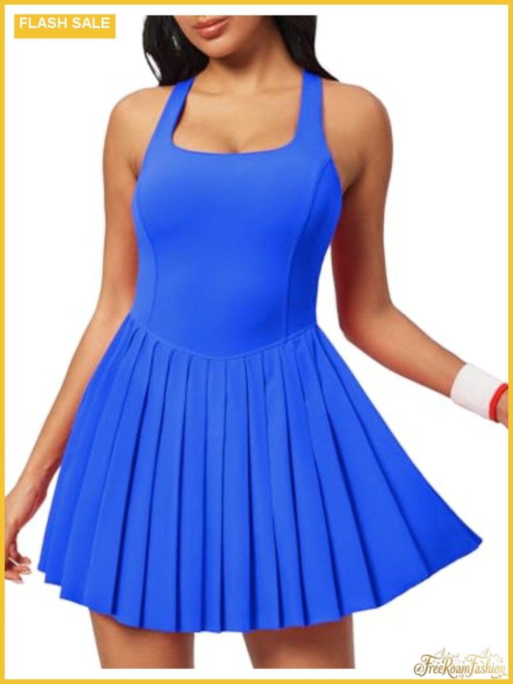 Women's Tennis Dress with Built-In Shorts Bra and Pockets Pleated Athletic